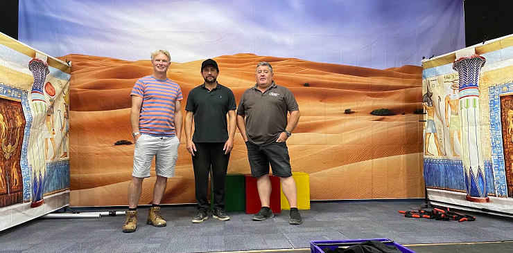 Robin Askwith, Tony, and Mark Williams on the stage set for Bodmin musical theatre group