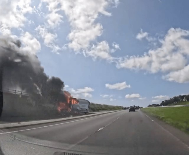 Video shows coach ablaze on the A30