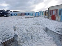 Storms engulf Bude beaches with sea foam