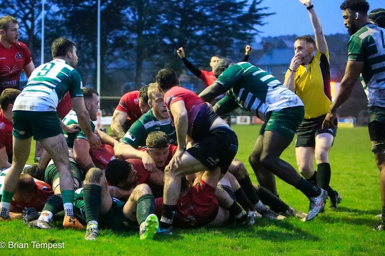 Cornish Pirates prop Marlen Walker, who was named the home side's man of the match on his return to the team, scores their first try on Friday night.