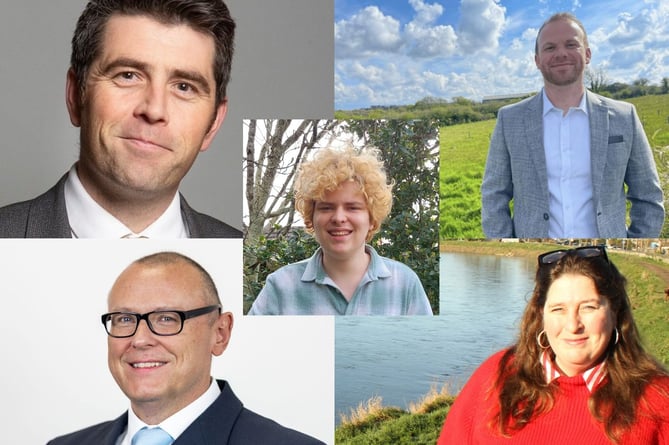 Conservative – Scott Mann (top left), Liberal Democrats – Ben Maguire (top right), Green Party – Lance Symonds (centre), Reform UK – Rowland O’Connor (bottom left), Labour – Robyn Harris (bottom right).
