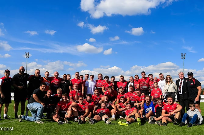 The Cornish Pirates players, management team and club officials celebrate their runners-up spot.