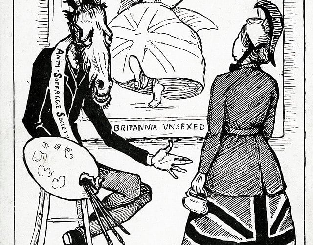 A postcard satirising the Anti Suffrage Society (ASS) as an ass that takes on the form of a portrait painter