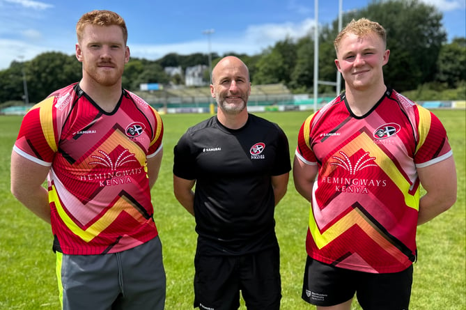 Matt Cannon (left) and Harry Yates with Cornish Pirates joint head coach Gavin Cattle.