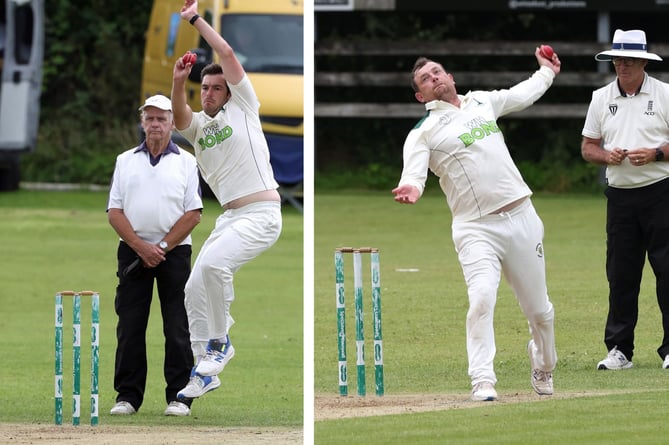 Ben Ellis (4-30), pictured left, and skipper Graham Wagg (2-21) shared six wickets as Helston were dismissed for 114 at Moores Park. Pictures: Glen Rogers