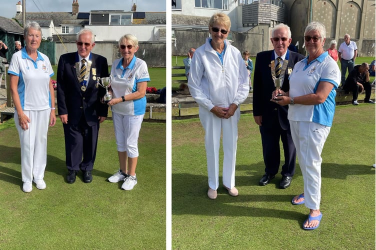 Left: Barbara Phoenix and Fran Goldthorp won the Gawler Cup at the Group Two Finals Day at Bude on Saturday, August 10. They are pictured with Group Two president Brian Wonnacott who is a member of Bude Bowling Club. Right: Bude duo Anne Butler and Marilyn March came runners up in the Over 55s on the same day.