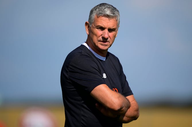 John Askey, Manager of Truro City during the Emirates FA Cup 2nd round qualifying tie match between Truro City and Brackley Town at Truro Sports Hub on 14 September 2024  Photo: Phil Mingo/PPAUK