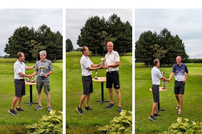 Holsworthy captain Mark Brumham presents trophies to three players. From left: Jeremy Horwood (Jubilee Cup winner), Ian Kirby (club champion and Scratch Cup winner) and Pete Isaacs (Best Net club champion). Pictures: Holsworthy Golf Club