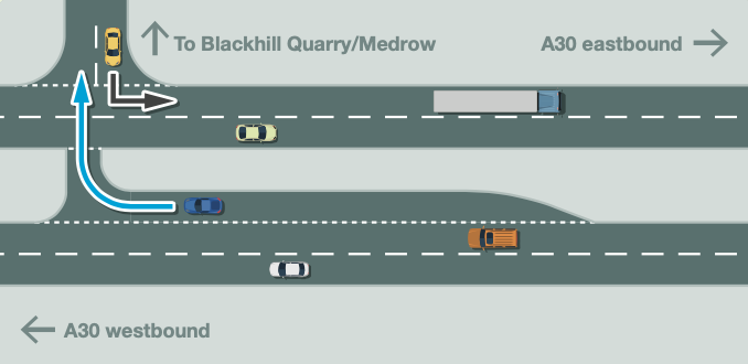 The proposed change will see a right turn from Blackhill Quarry onto the A30 westbound carriageway banned