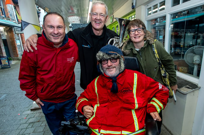 Steven Webb with Tim Bunting (Cornwall Air Ambulance Trust), Clive Kessel and Truro Voice's Kirstie Newton