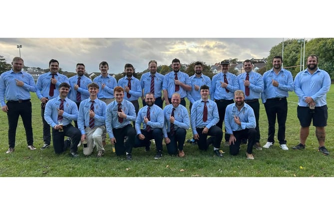 Bude's players were all smiles after their 31-5 victory at Bideford on Saturday in Counties One Western West, and were pictured in their new after match shirts sponsored by Crooklets Beach Cafe. 
Back row: Brad Thomas, Freddie Saxton, Rory Mead, Will Pharo, Ben Tharme, Will Hockridge (captain), Fraser Martyn, Charlie Watton, Joe Wilson, Chris Allin, Olly Denford and Simon Jeffery (team manager).
Front row: Harvey Cholwill, Ollie Rowland, Matt Maniglia, Ben Hancock, Nick Waterson, Alfie Hurwood and Finley Fry. Picture: Bude RFC