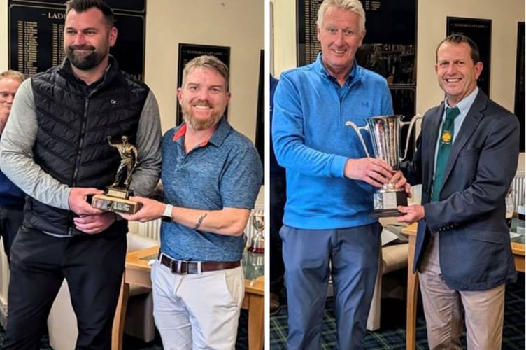 LEFT: The Old Nick winners, Mark Dorman and Richard Nott. RIGHT: Mike Daniel (left) secured The Kingdom Cup. Pictures: Holsworthy Golf Club 