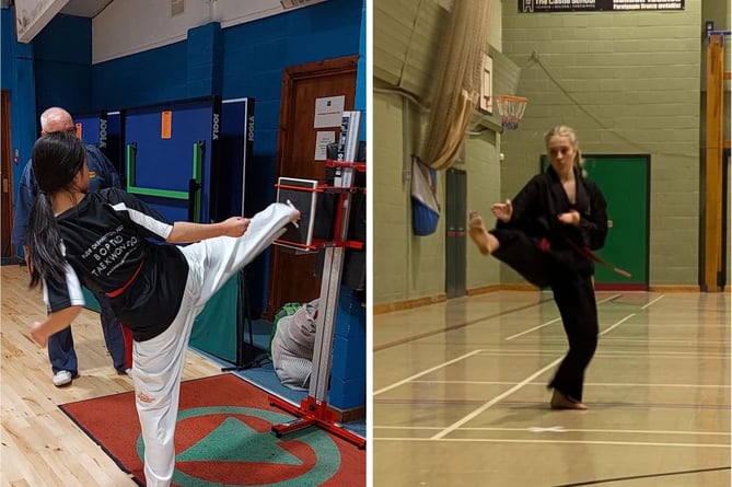 LEFT: Winnie Lo practices a kick as instructor Guy Southard watches on. RIGHT: Maya Hoddinott demonstrating one of the more complicated kicks, a twisting kick. Pictures: BOP Tae Kwon-Do