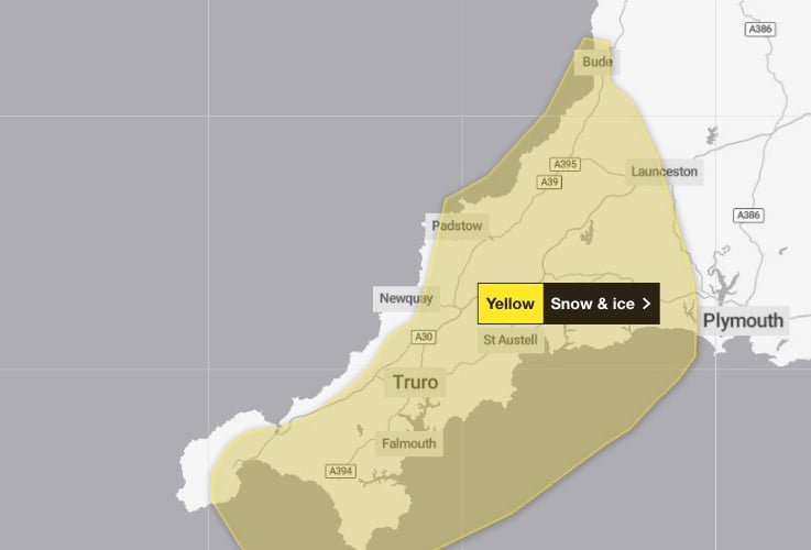 The Met Office has issue a yellow weather warning for Thursday January 9 for snow and ice across Cornwall. (Picture: Met Office)