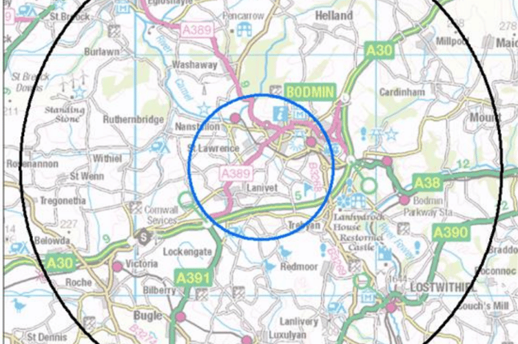 The exclusion zones implemented in a 10km zone around Bodmin