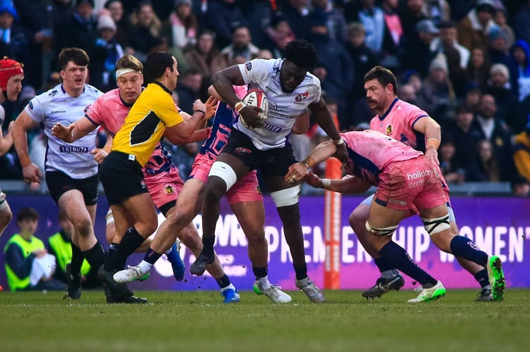 Cornish Pirates No.8 Tomi Agbongbon takes on the Exeter Chiefs defence during their Premiership Rugby Cup encounter